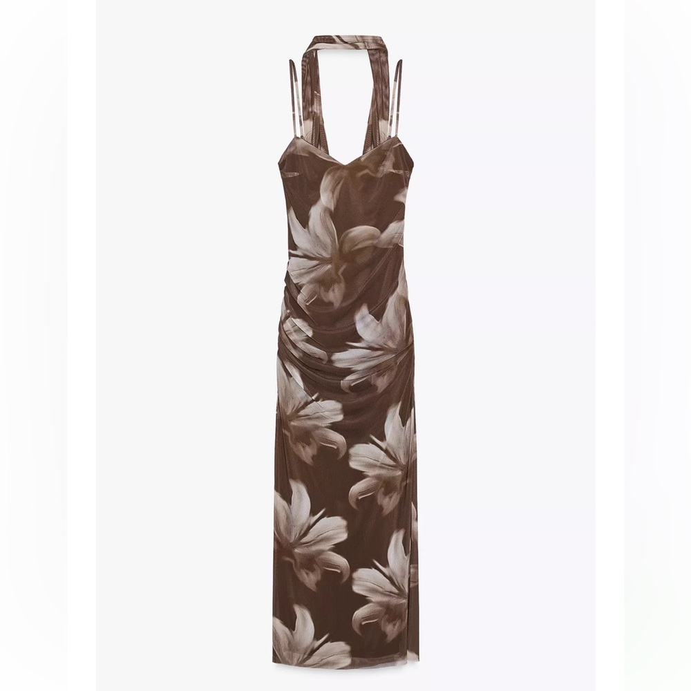 NWT Zara Brown Floral Print Tulle Midi Dress (No Scarf) - XS NEW